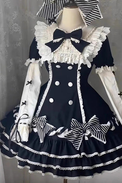 Ebony Striped Layered Short Sleeves Multi Ruffle Bow Sweet Princess Lolita Tiered Dress