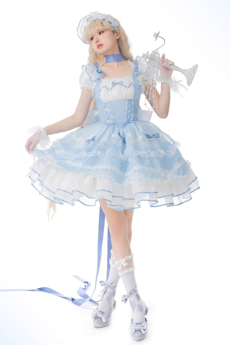 Blue Multi-layer Ruffle Bowknot Lace-Up Ballet Style Sweet Princess Lolita Tiered Dress
