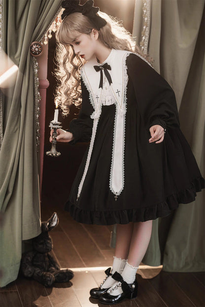 Classic Gothic Elegant Nun Dress with Long Sleeves and Ruffled Bow