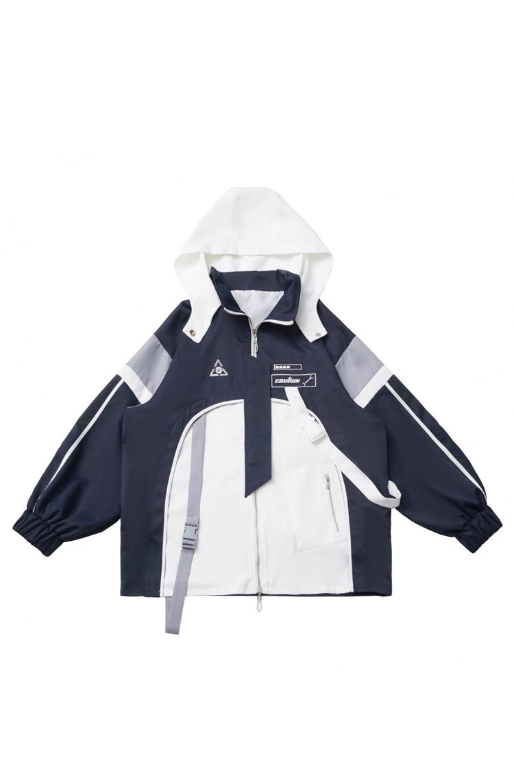 Blue White Techwear Embroidered Asymmetric Coat & Skirt Set
