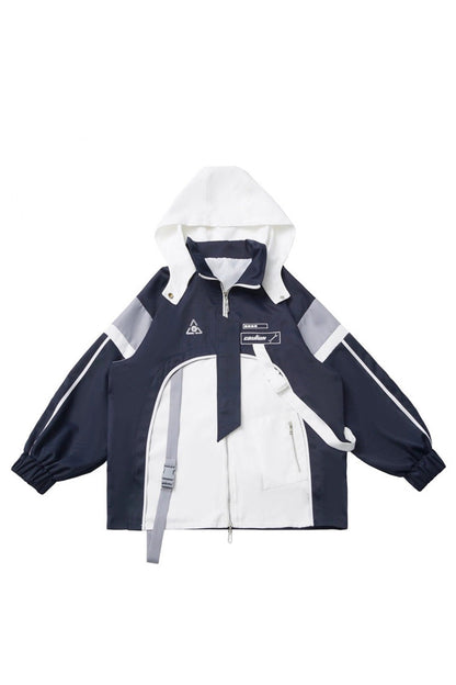 Blue White Techwear Embroidered Asymmetric Coat & Skirt Set