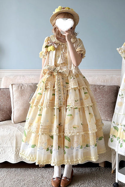 Lemon Chicken Short Sleeve Triple Layer Print Ruffle Bow Lace Gorgeous Lolita Gown in Yellow