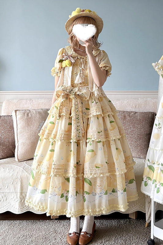 Lemon Chicken Short Sleeve Triple Layer Print Ruffle Bow Lace Gorgeous Lolita Gown in Yellow