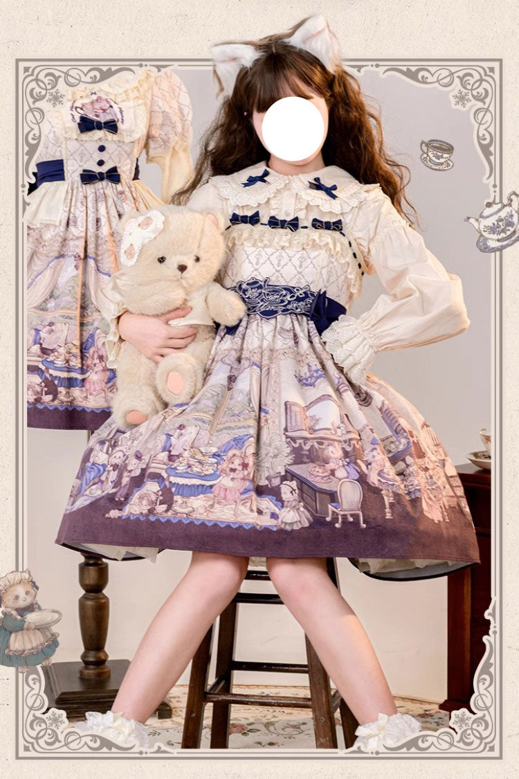 Cat Manor Print Embroidered Bow Sweet Jumper Dress