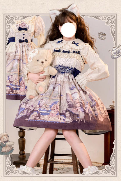 Cat Manor Print Embroidered Bow Sweet Jumper Dress