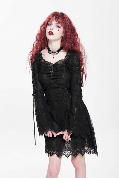 Square Collar Trumpet Sleeve Embroidered Lace-Up Gothic Dress