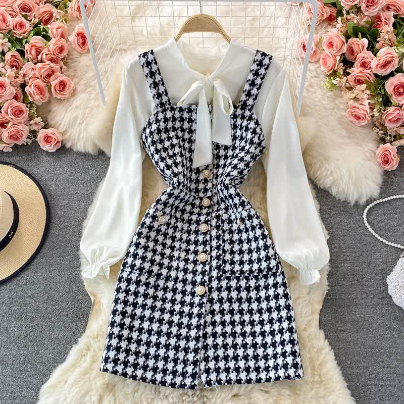 Elegant Plaid Slip Dress Lace Up Shirt Set