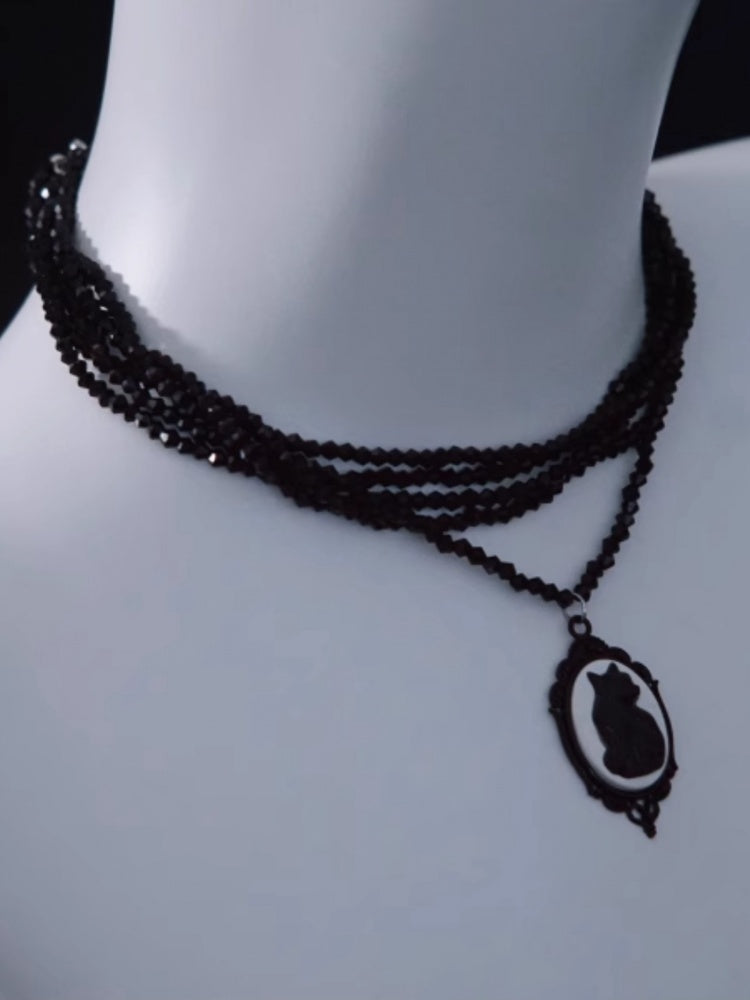 Vintage Black Cat Pendant Multi Layers Necklace