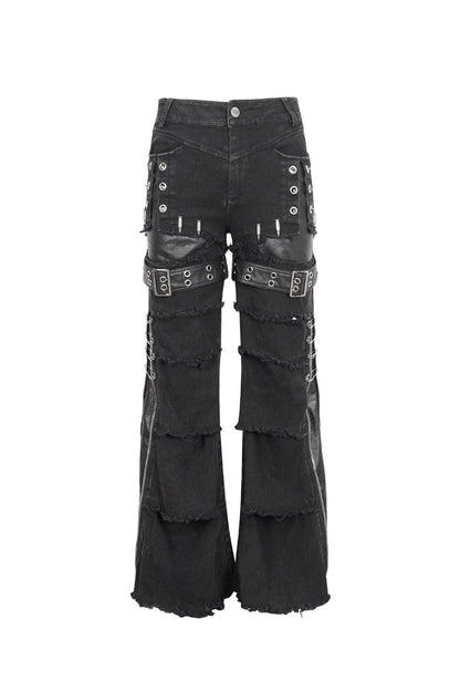 Men's Punk Flared Pants in Spliced Black Faux Leather