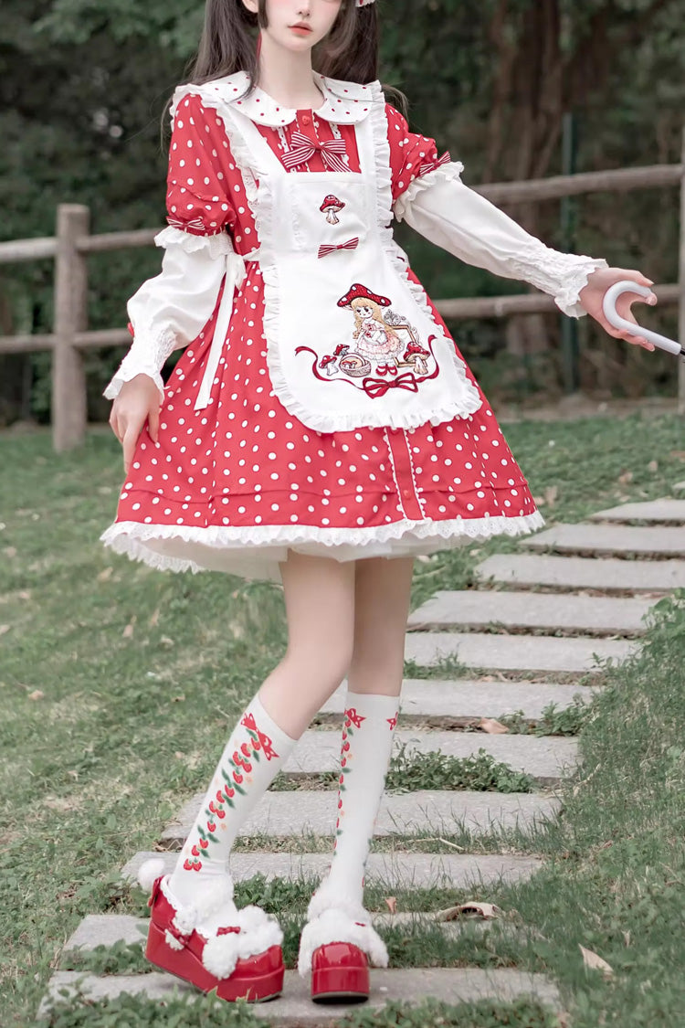 Red and White Doll-Collar Short-Sleeved Mushroom Princess Printed Polka Dot Ruffled Sweet Lolita Dress