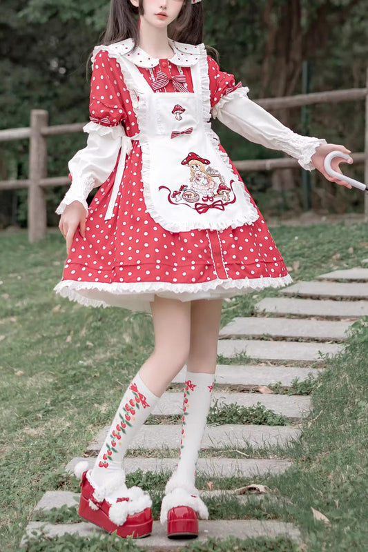 Red and White Doll-Collar Short-Sleeved Mushroom Princess Printed Polka Dot Ruffled Sweet Lolita Dress