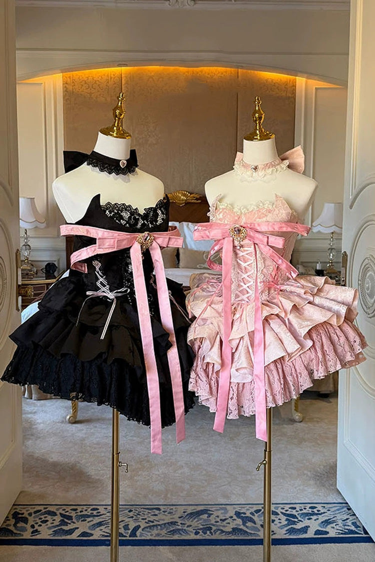 Kitten Sweetheart Multi-Layered Ruffled Bow Lace-Up Princess Ballet Gothic Lolita Jsk Dress