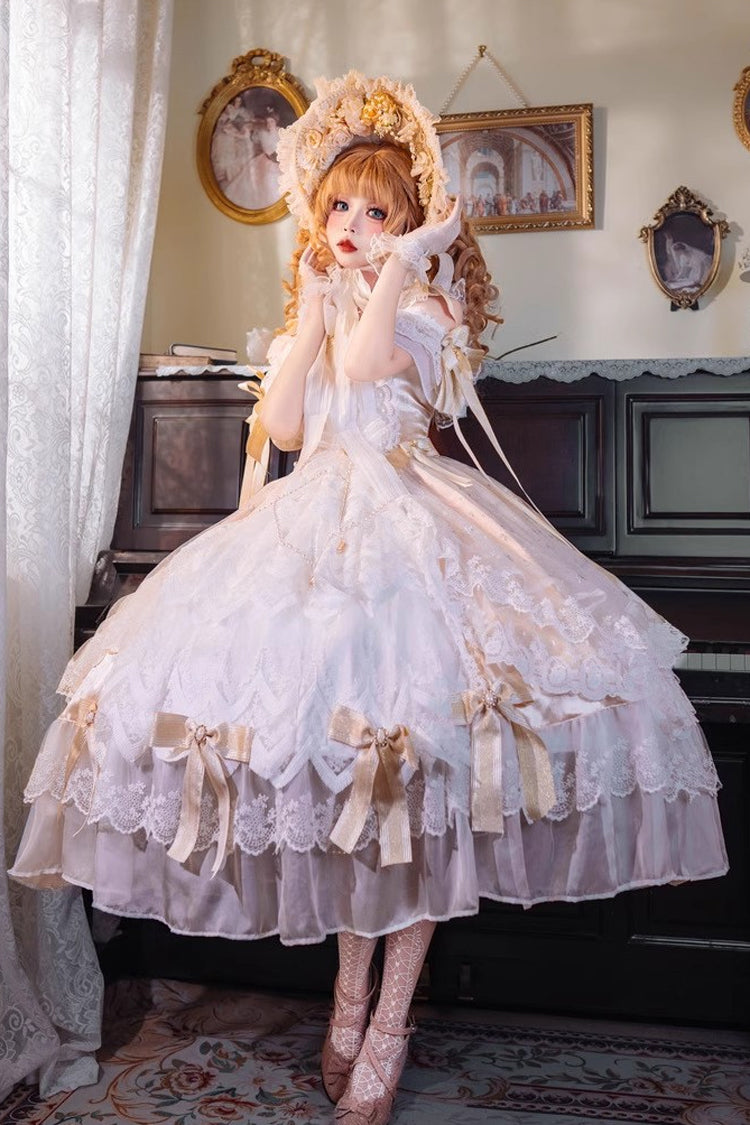 Golden Off-Shoulder Ruffled Lace Bow Wedding Elegant Gown