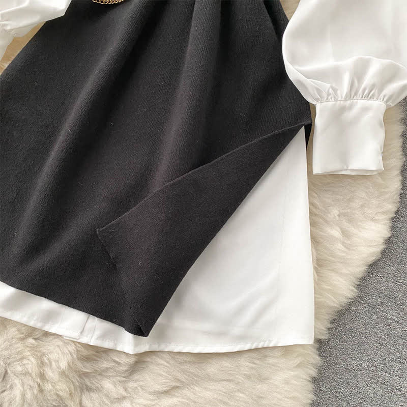 Ensemble chemise à revers et gilet en tricot fendu noir avec ceinture