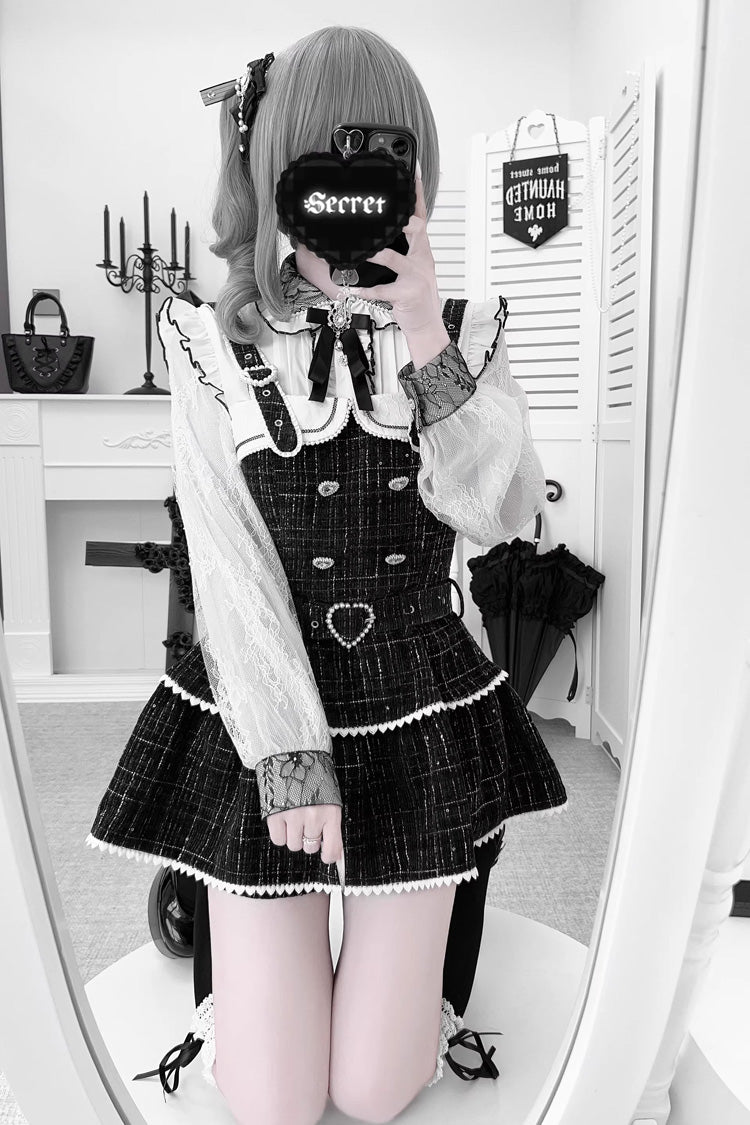 Lapel Collar Long Sleeves Jacquard Ruffled Bow Jirai Kei Japanese Blouse