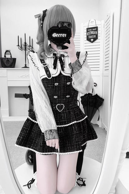 Lapel Collar Long Sleeves Jacquard Ruffled Bow Jirai Kei Japanese Blouse