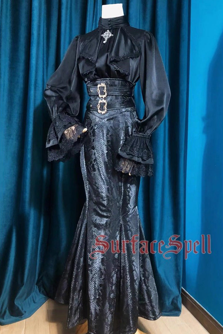 Snake Print Flared Fishbone Mermaid Gothic Lolita Skirt in Black Faux Leather