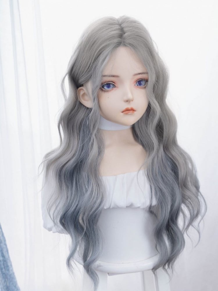 Blue-Grey Long Wavy Synthetic Wig With Bangs