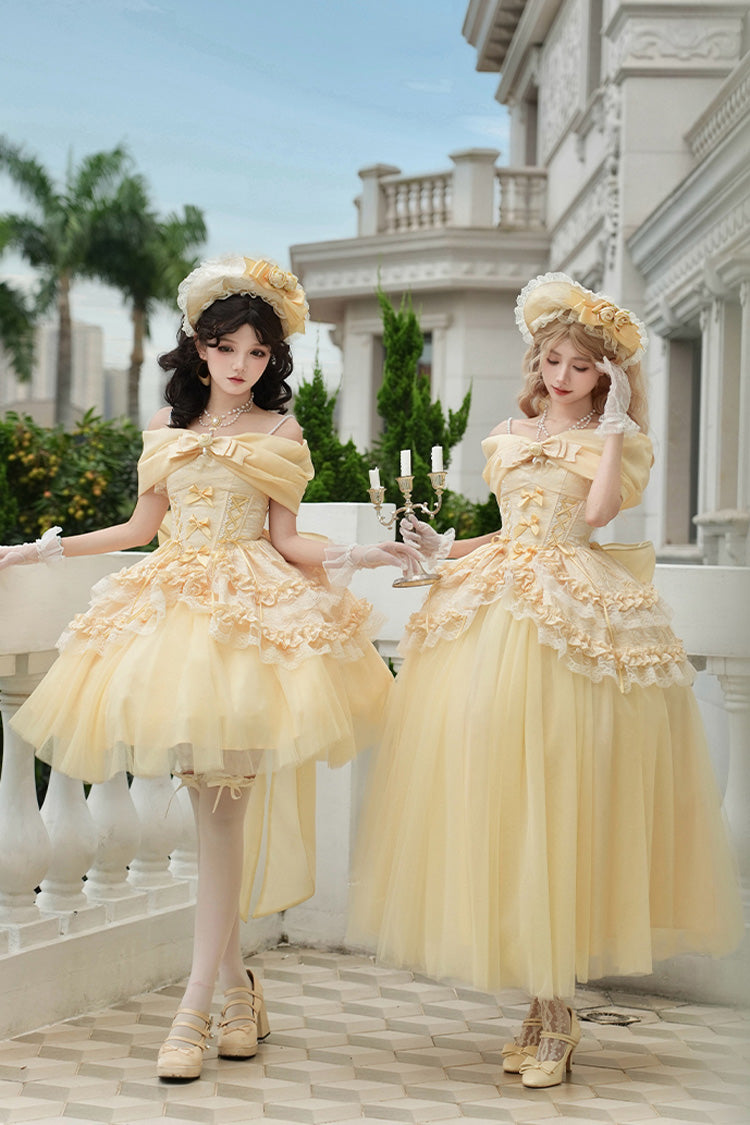 Sissi's Pilgrimage Off Shoulder Ruffle Bow Lace Sweet Lolita Long Skirt in Yellow