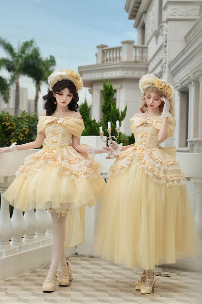 Sissi's Pilgrimage Off Shoulder Ruffle Bow Lace Sweet Lolita Long Skirt in Yellow