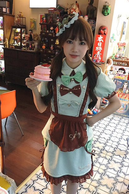 Emerald Vintage Ruffle Bow Apron Skirt Set - Sweet Soda