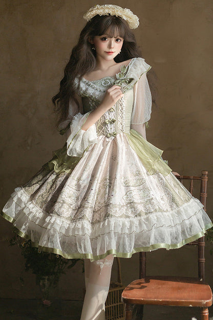 Emerald Lace-Up Bow Lolita OP Dress - Teacup Rabbit