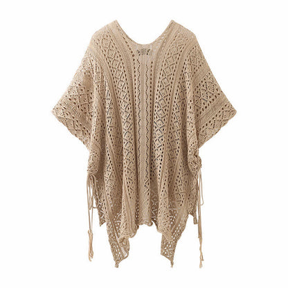 Boho Split Crochet Tassel Out Shirt Dress Hollow Belted