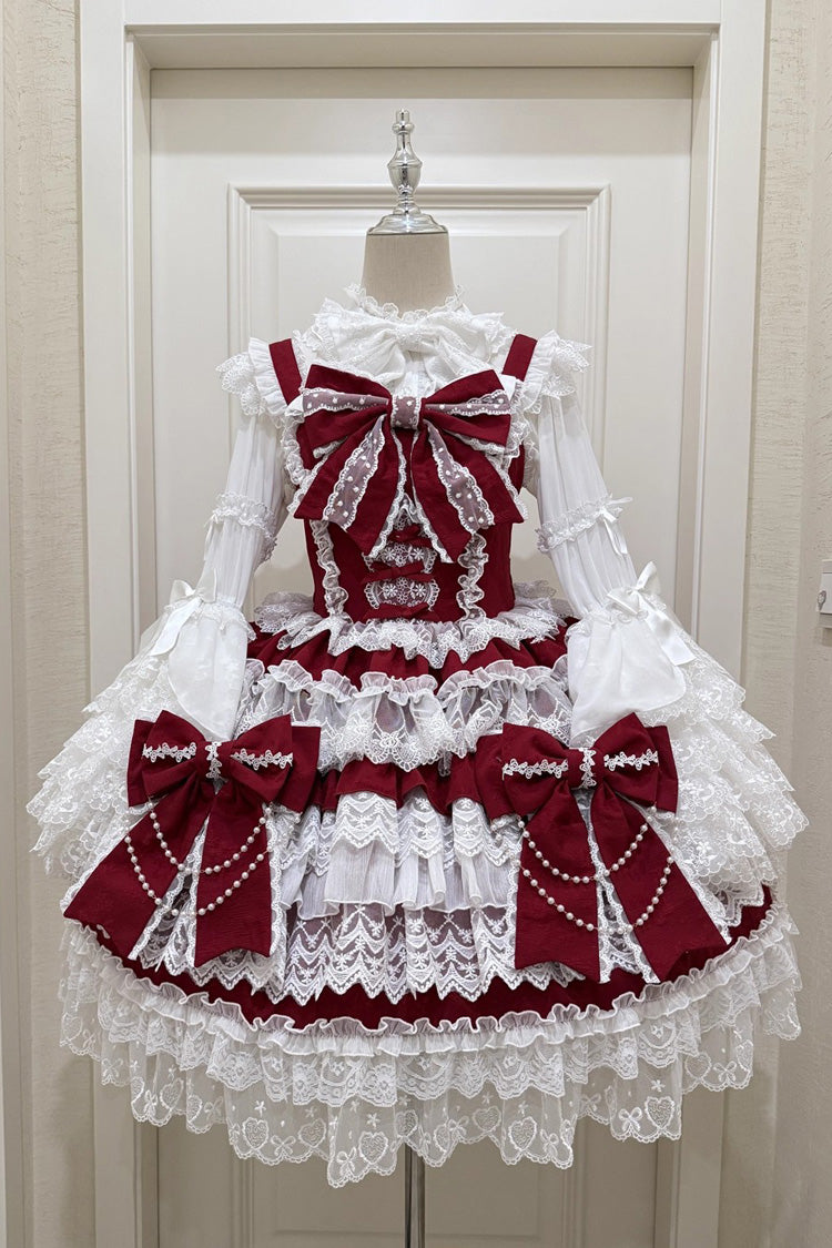 Wine Red Crossed Heart Knot Sleeveless Multi-Layered Ruffle Hanayome Cardigan Bow Lace Lace-Up Sweet Jsk Dress