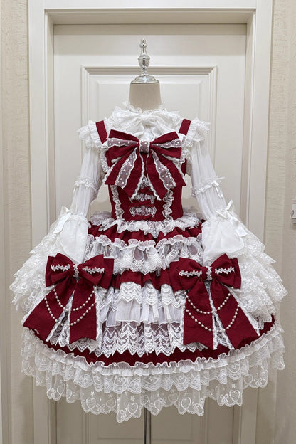 Wine Red Crossed Heart Knot Sleeveless Multi-Layered Ruffle Hanayome Cardigan Bow Lace Lace-Up Sweet Jsk Dress