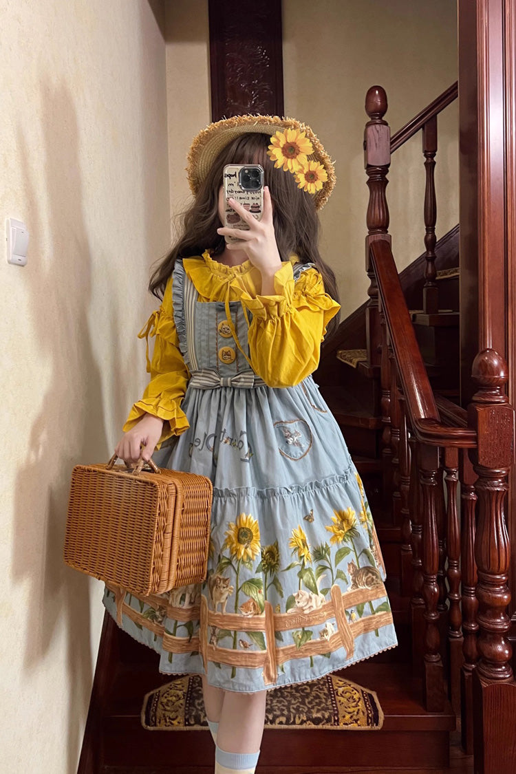 Sunflower-Print Bow-Adorned Sweet Lolita JSK Dress in Two Tones