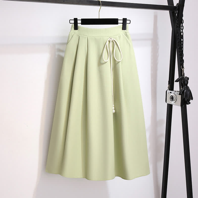 Vintage Flower Green Sweatshirt High Waist Lace Up Skirt