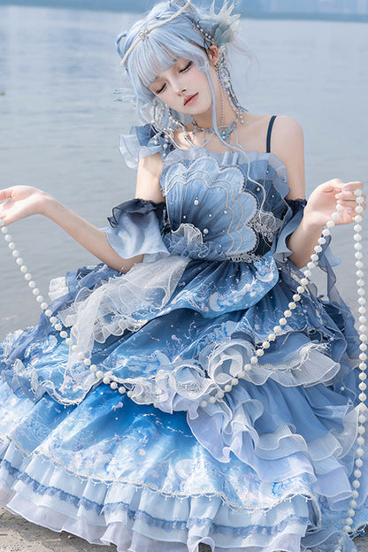 Gradient Printed Ruffled Embroidered Bow Lace Asymmetric Sweet Elegant Lolita JSK
