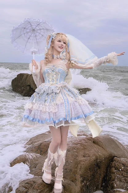 Sleeveless Embroidered Lace Dress with Fishbone Ruffle and Bow