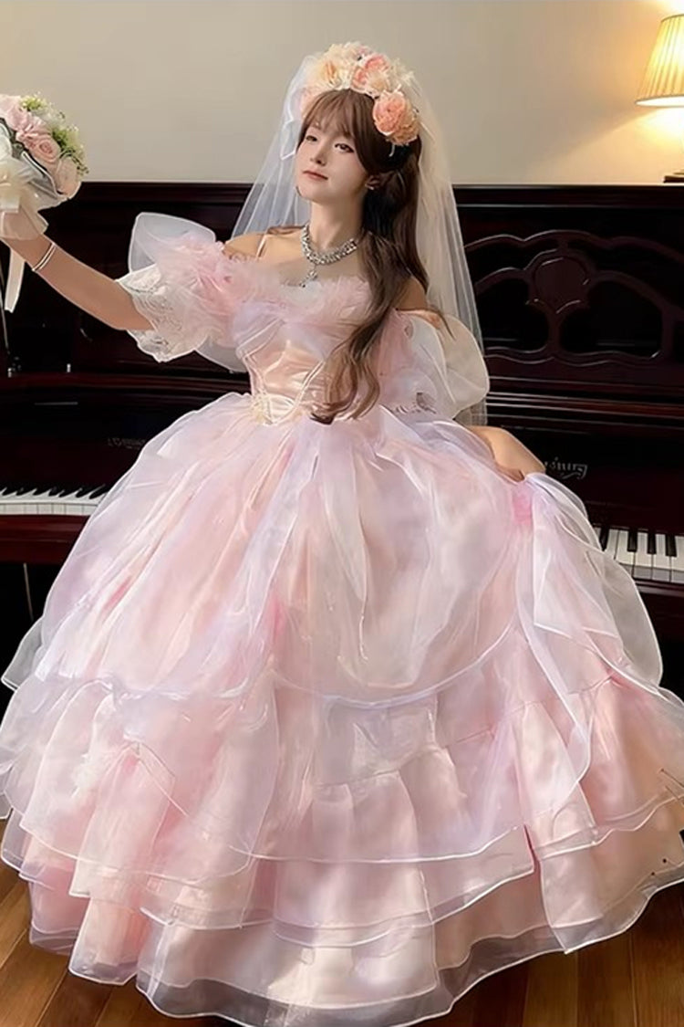 Rose Mist Sea Halter Neck Short Sleeve Layered Ruffles Bride Bow Lace Plus Sweet Dress