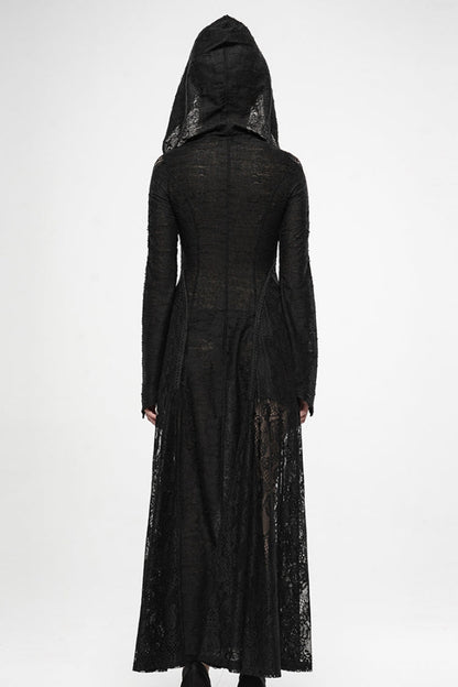 Hooded Goth Dress with Zipper and Lace Accents