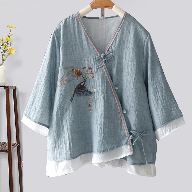 Vintage Bird Embroidery Buckle Shirt