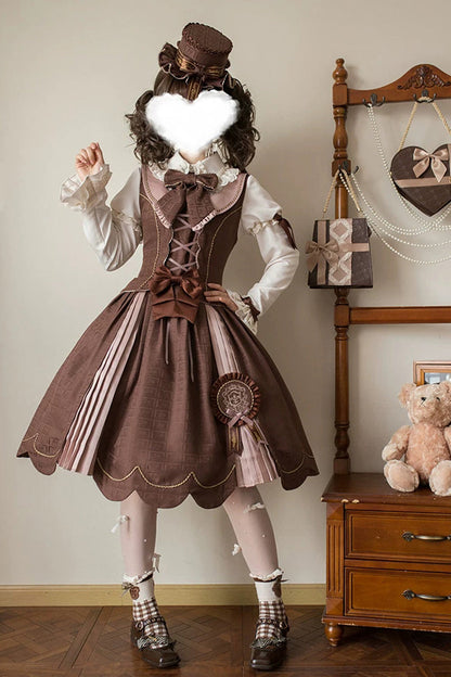 Brown Teddy Chocolate Bar Print Embroidered Bow Lace-Up Classic Lolita JSK Skirt