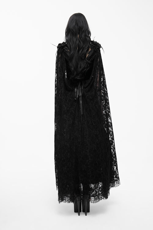 Gothic Women's Long Velvet Dress with Feather Flower Off-Collar and Lace Shawl
