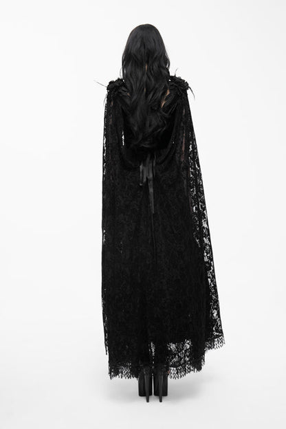Gothic Women's Long Velvet Dress with Feather Flower Off-Collar and Lace Shawl