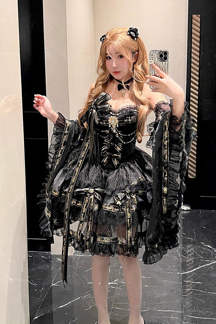 Sleeveless Gothic Princess Dress with Double Ruffled Bow and Pearls - Golden Obsidian Night