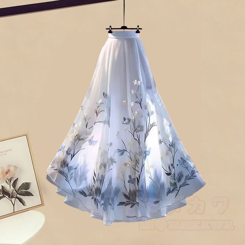 Shirt Horse-face Three Skirt Set Pieces Crop Irregular Top Flower