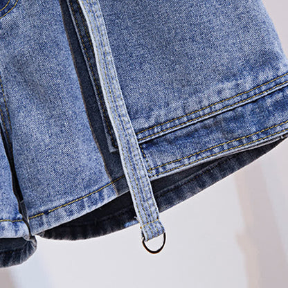 Denim Chic Round T-Shirt Collar Colorblock Pocketed Shorts