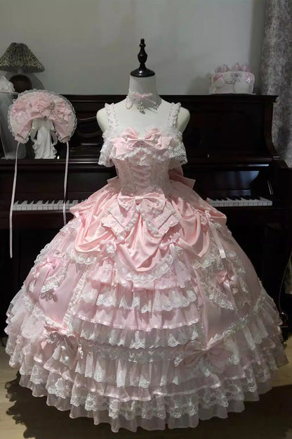 Rose Curtain Ode Tiered Ruffle Bride Open Front Bow Lace Corset Sweet Long JSK Dress
