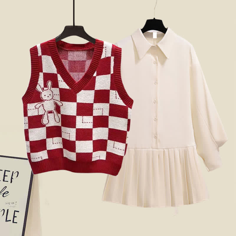 Ensemble chemise plissée à revers et gilet à imprimé treillis Red Bunny