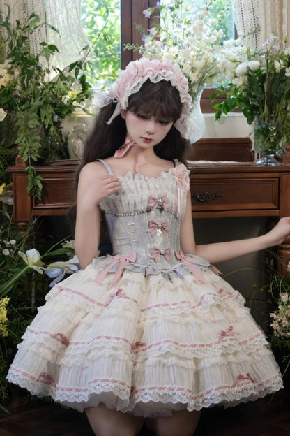 Blue Apricot Sea Salt Souffle Sleeveless Multi-Layer Bow Lace Sweet Ballet JSK Dress