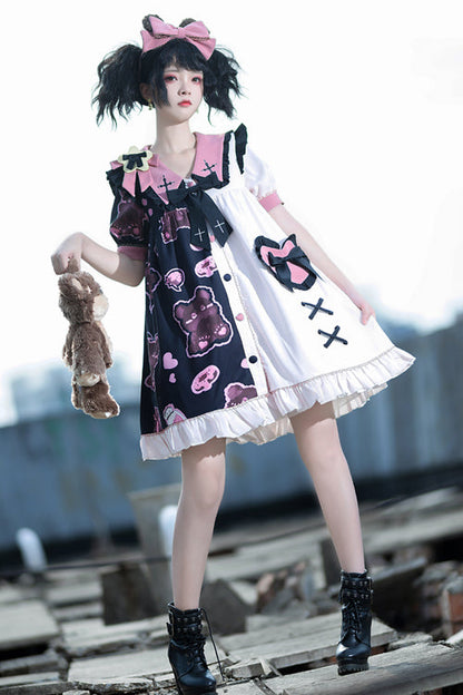 Lapel Collar Bear Print Sweet Lolita Dress with Short Sleeves