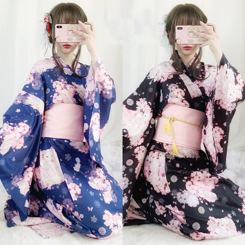 Vintage Cat Sakura Print Kimono Dress