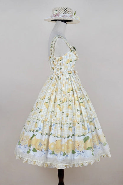 Lemon Chicken Print Ruffle Bow Lace Sweet Lolita JSK Long in Yellow