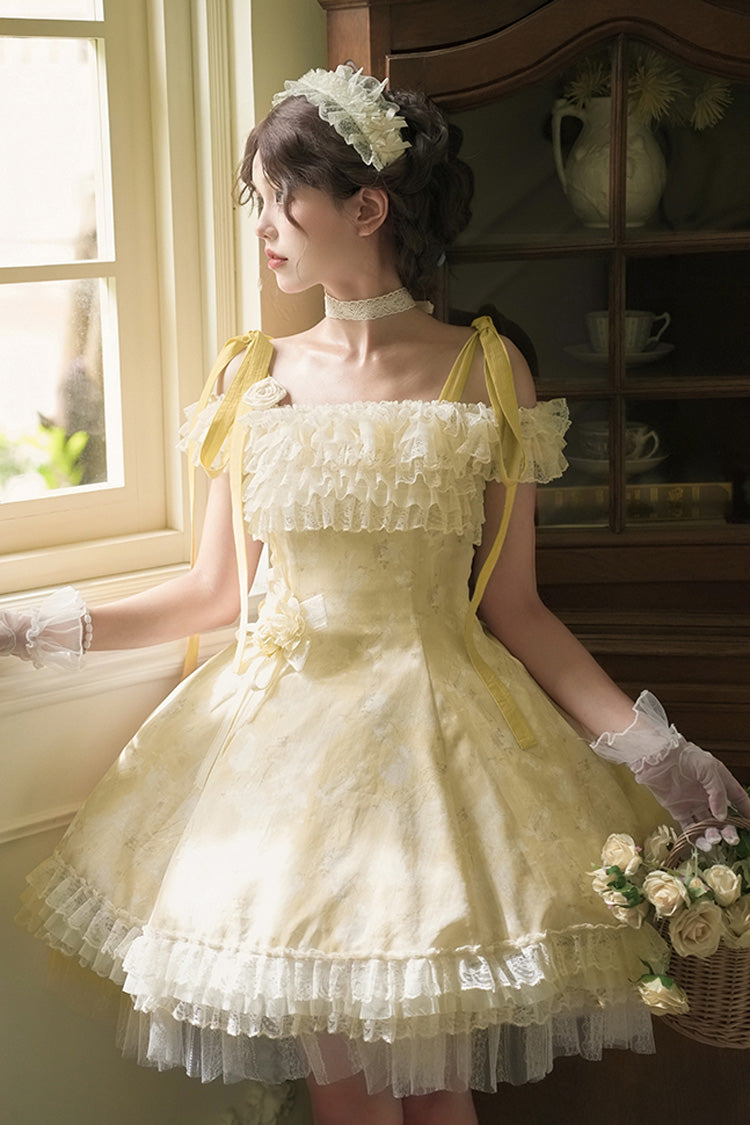 Golden Square-Collar Flutter-Sleeve Ruffled Lace Short Dress