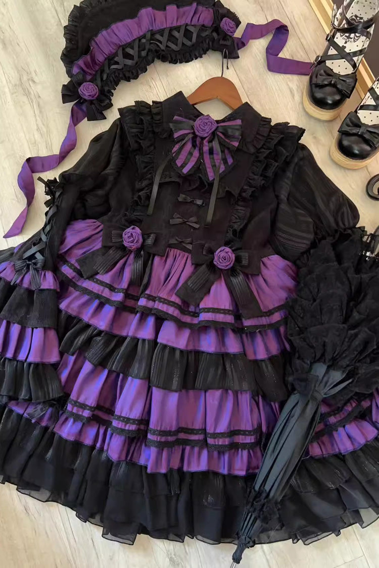 Black/Purple Gothic Lolita Trumpet-Sleeved Multi-Layered Ruffle Lace-Up Dress